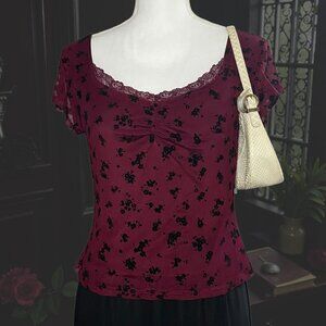 NEW VIBE L Burgundy Velvet Floral Mesh Lace Top Ruched Whimsigoth Romantic Y2K